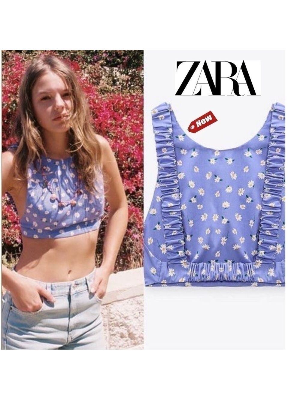 Zara blue Daisy flower floral print open strappy back crop top Sz S NWT
